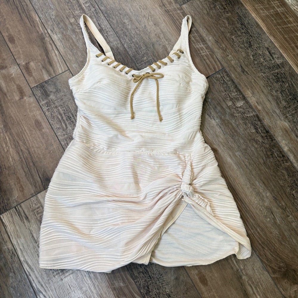 Rotita Swim Dress Women Large Cream Lace Up Ribbed Side Knot One Piece Swimsuit